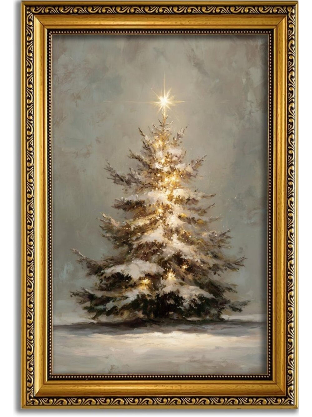 Vintage Snowy Christmas Tree Wall Art, 16x24 Inch Gold Framed Decor